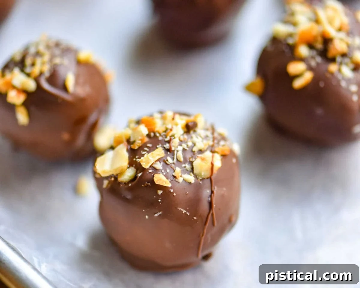 Peanut Butter Chocolate Crunch Bites 4 A pristine parchment-lined baking sheet holds an array of freshly dipped chocolate peanut butter balls, generously sprinkled with crushed peanuts, awaiting their final set.