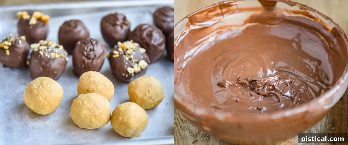 Peanut Butter Chocolate Crunch Bites 5 A two-image collage illustrating the process of dipping peanut butter balls into rich, melted chocolate, showing the transformation from a plain ball to a perfectly coated treat.