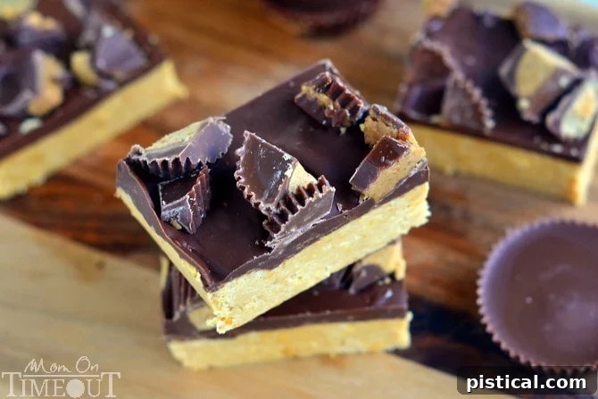 Close-up of Reese's Chocolate Peanut Butter Bars showing the layers and texture.