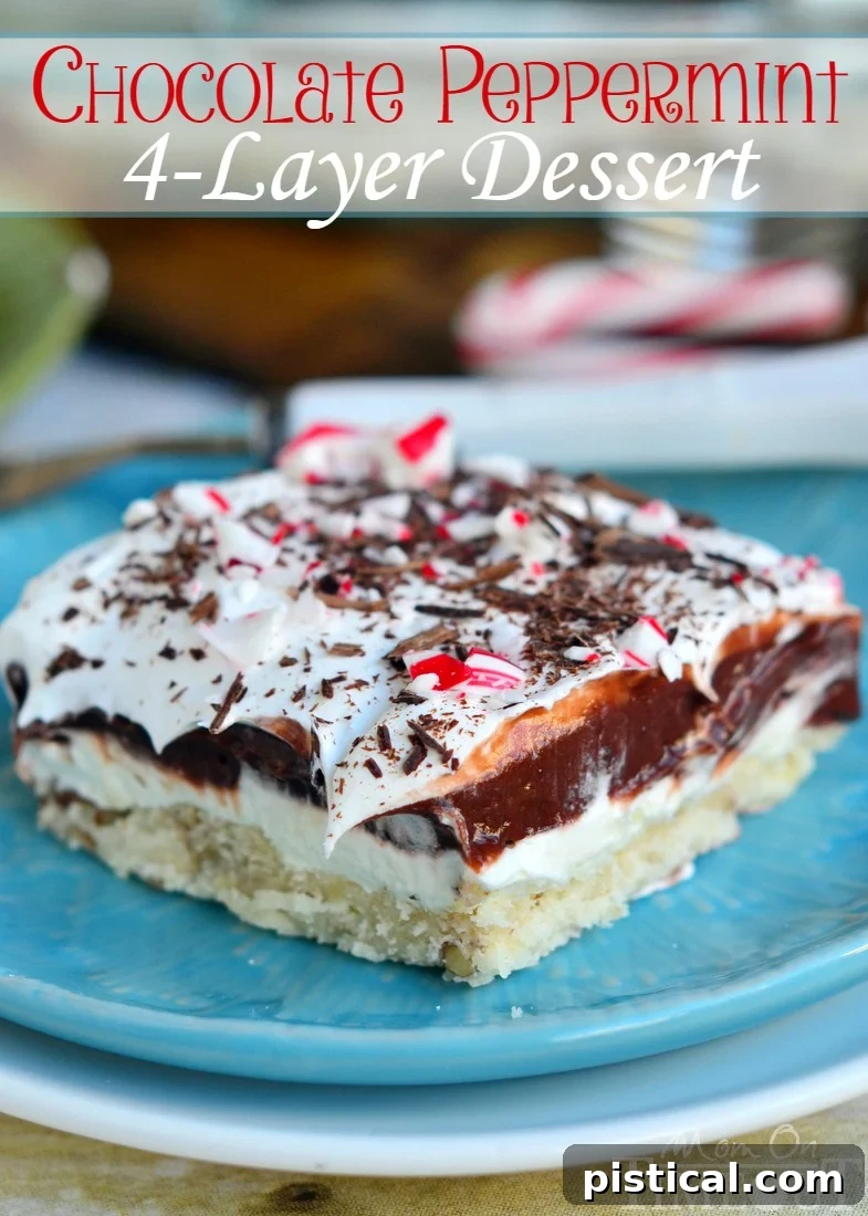 Decadent Four-Layer Peppermint Chocolate Delight 2 My Grandma's 4 Layer Dessert all dressed up for Christmas! You're going to love the all the yummy layers in this Chocolate Peppermint 4 Layer Dessert! A wonderfully delicious EASY dessert that is perfect for the holiday season and Christmas!