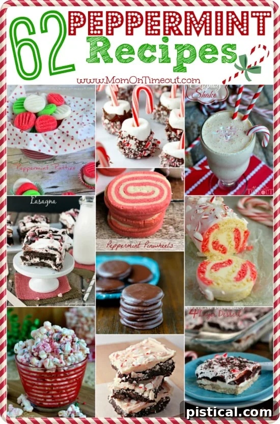 A vibrant collage showcasing 62 diverse peppermint recipes for holiday celebrations, featuring cookies, cakes, brownies, and drinks. A perfect guide for Christmas baking.