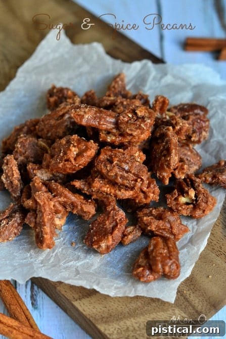 A generous bowl of homemade Sugar and Spice Pecans, ready for serving or gifting, highlighting their delicious crunch.