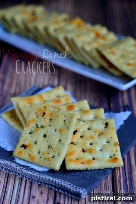 A bowl of Spicy Ranch Crackers ready to be served, showcasing their vibrant seasoning.