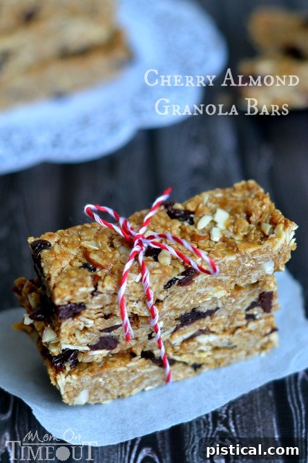 Delicious homemade Cherry Almond Granola Bars, chewy and no-bake, showcasing the vibrant red cherries and crunchy almonds, perfect for a healthy snack.