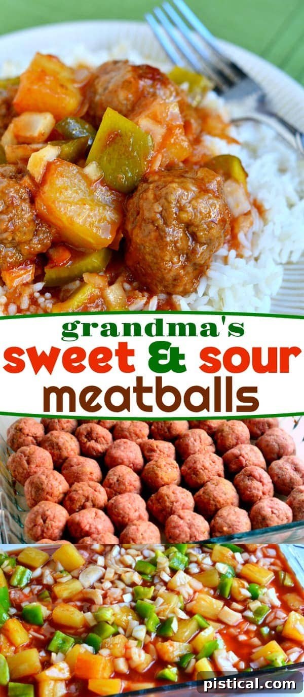 Grandma's Sweet and Sour Meatballs are baked to perfection while simmering in an amazing sauce made with pineapple chunks and green pepper. This family-friendly dinner is one you can turn to on busy weeknights. Super simple, super delicious! // Mom On Timeout #meatballs #dinner #pineapple #bellpepper #rice #easyrecipe #easydinner #momontimeout #entree #beef sweet-and-sour-meatballs-recipe-collage