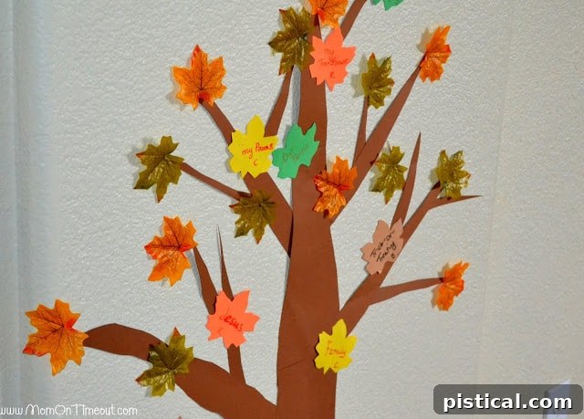 A family's Thanksgiving gratitude tree adorned with numerous handwritten thankful leaves.