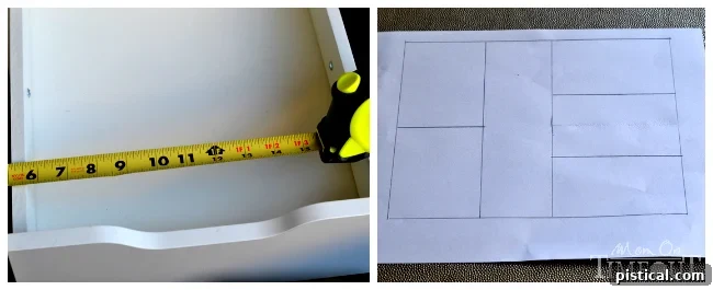 Measuring the interior dimensions of a desk drawer with a tape measure to plan a custom organizer.