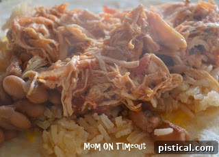 Slow Cooker Salsa Chicken close-up, showing tender shredded chicken