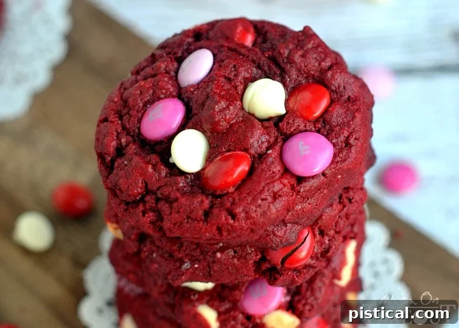 Close-up of freshly baked Red Velvet White Chocolate Cookies on a cooling rack, showcasing their soft texture and colorful additions.