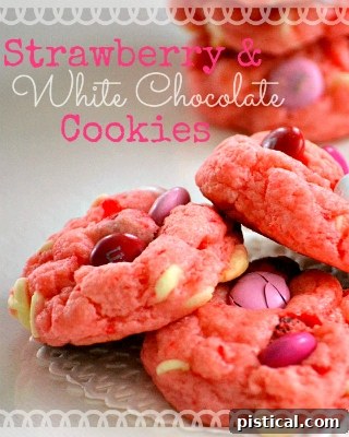 Close-up of soft and chewy Strawberry and White Chocolate Cake Mix Cookies, highlighting their delicious appearance.