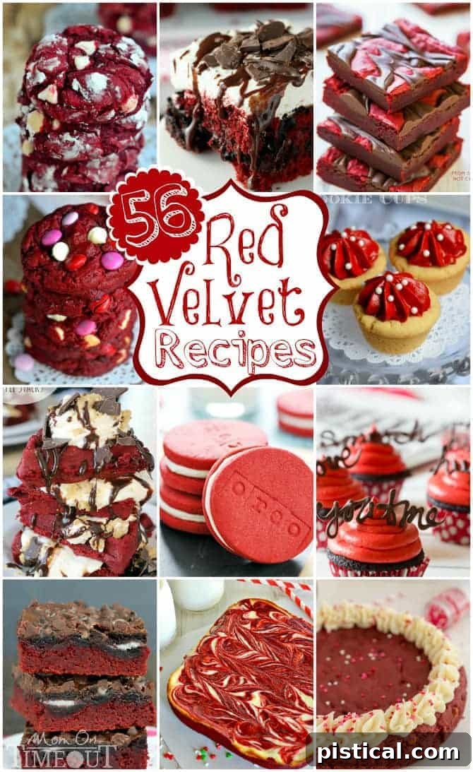 A vibrant collage showcasing 56 diverse Red Velvet Recipes, including cakes, cookies, bars, cupcakes, cheesecakes, and more. A definitive guide to the best Red Velvet desserts from favorite food bloggers, perfect for any occasion. | MomOnTimeout.com