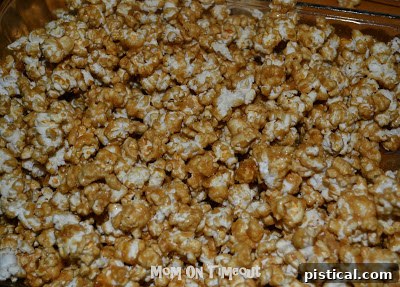 Crunchy Caramel Corn with Autumn Leaf Tags 9 Freshly baked crunchy caramel corn cooling on a sheet of parchment paper