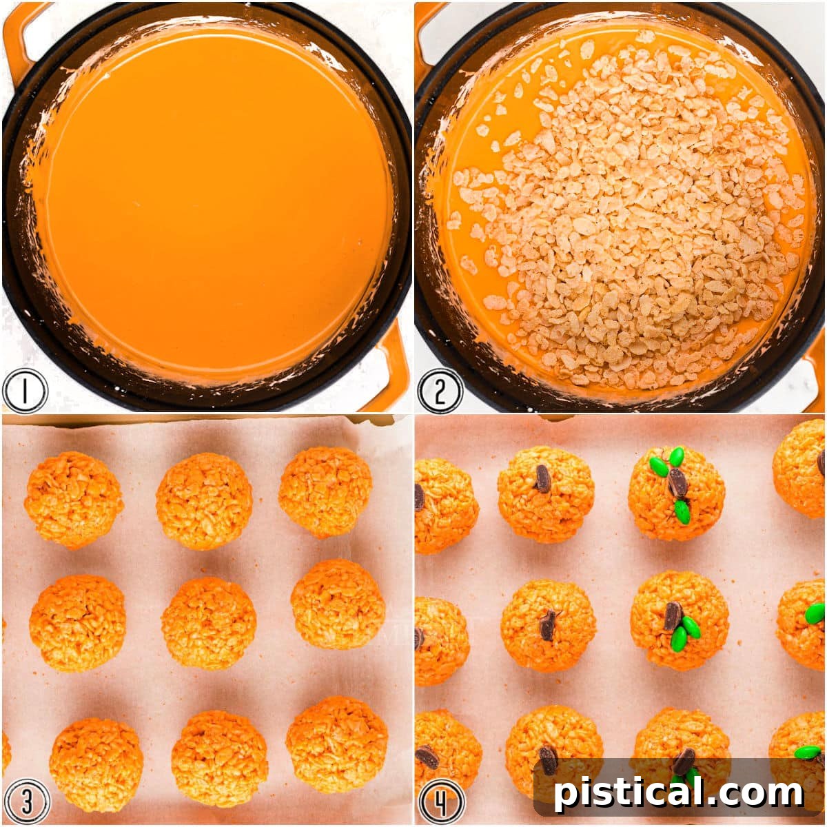 A four-image collage demonstrating the step-by-step process of making pumpkin rice krispie treats, from mixing to shaping and decorating.