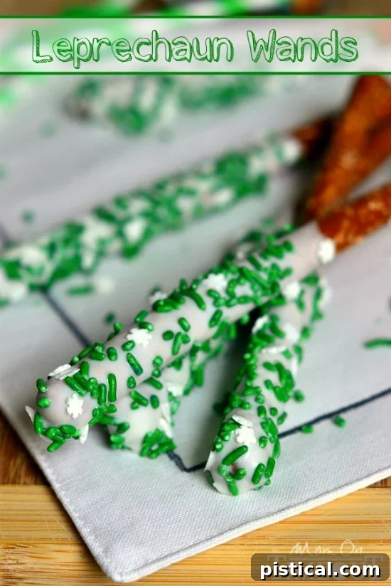 Fun and easy, these Leprechaun Pretzel Wands take just minutes to make and are perfectly scrumptious! | MomOnTimeout.com