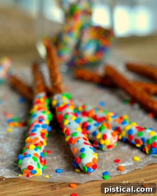 Fun and easy, these Rainbow Pretzel Wands take just minutes to make and are perfectly scrumptious! | MomOnTimeout.com