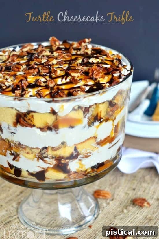 Individual layers of pound cake cubes forming the base of the Turtle Cheesecake Trifle, ready for toppings.