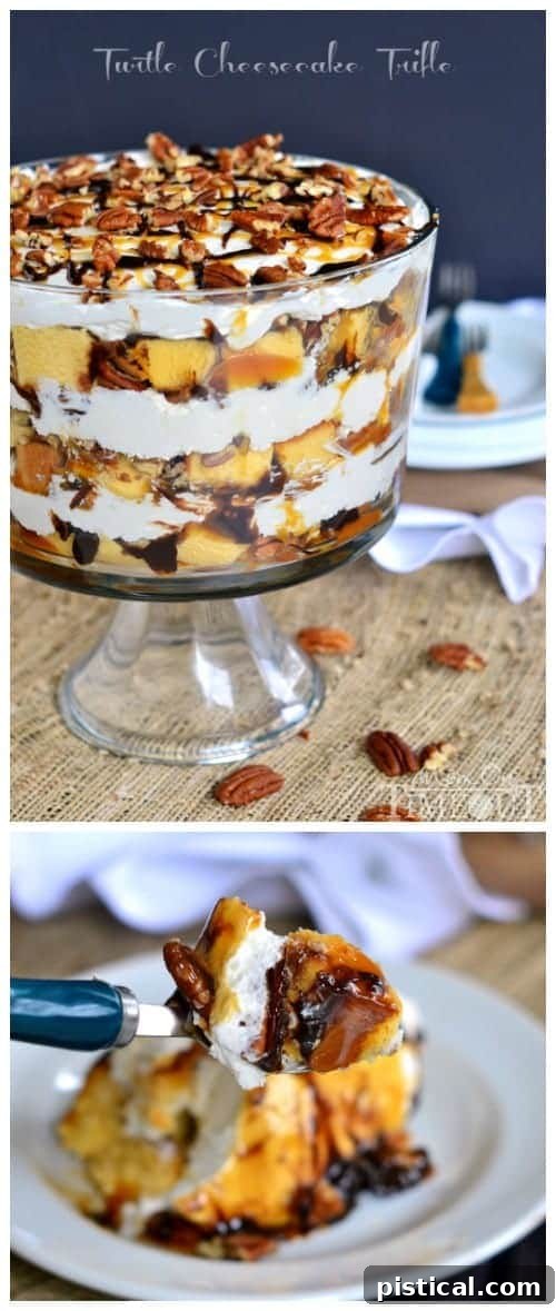 A tall, beautifully layered Turtle Cheesecake Trifle presented in a glass dish, showing all its delicious components from top to bottom.