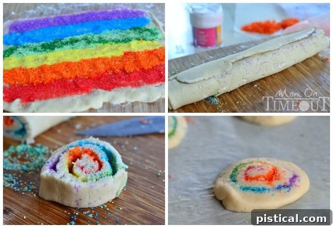 These gorgeous Rainbow Pinwheel Cookies are super easy to make and are so much fun! | MomOnTimeout.com rainbow cookies rolled into pinwheels