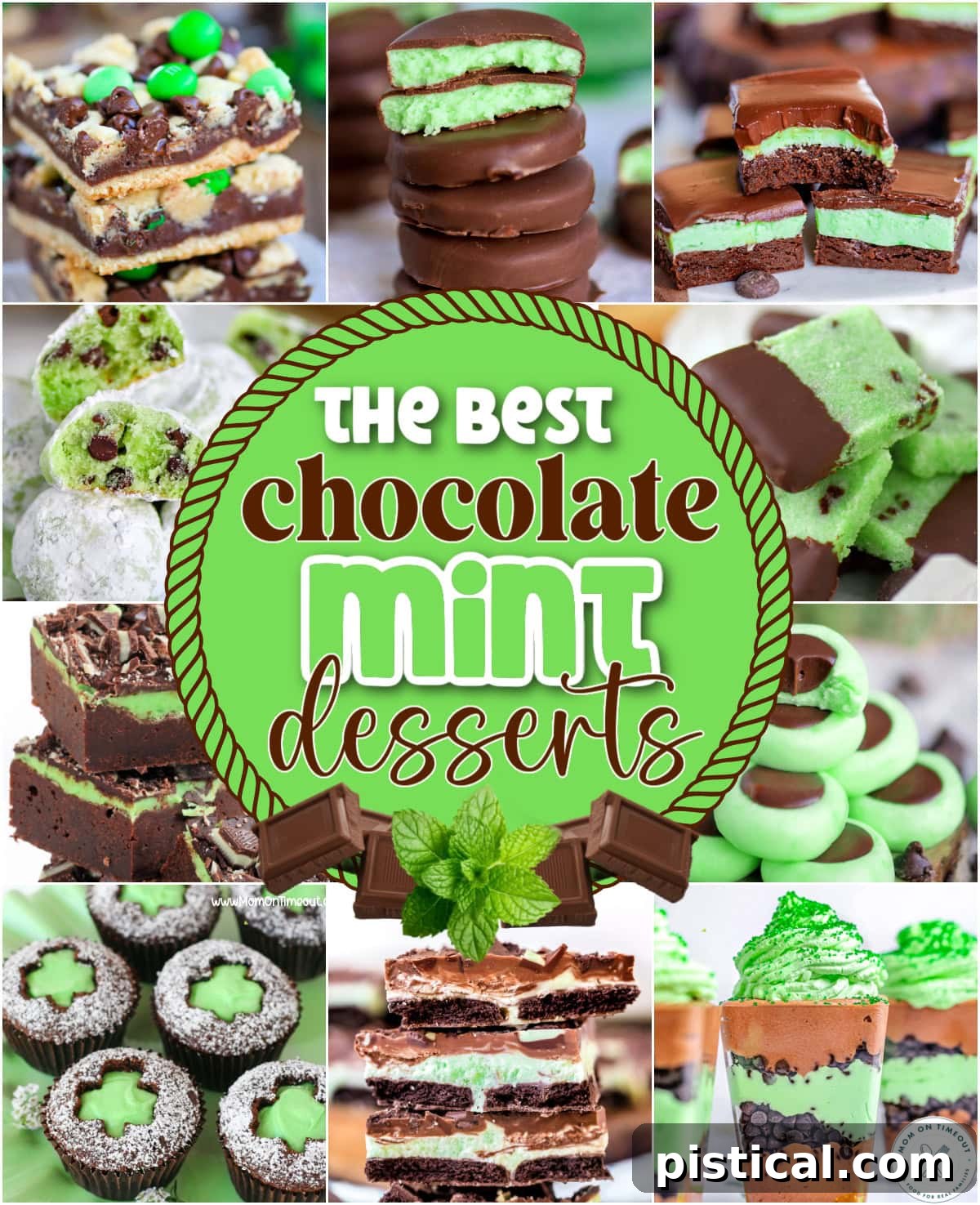 A collage featuring ten irresistible chocolate mint desserts, including brownies, cookies, bark, and candies, with an inviting text overlay.