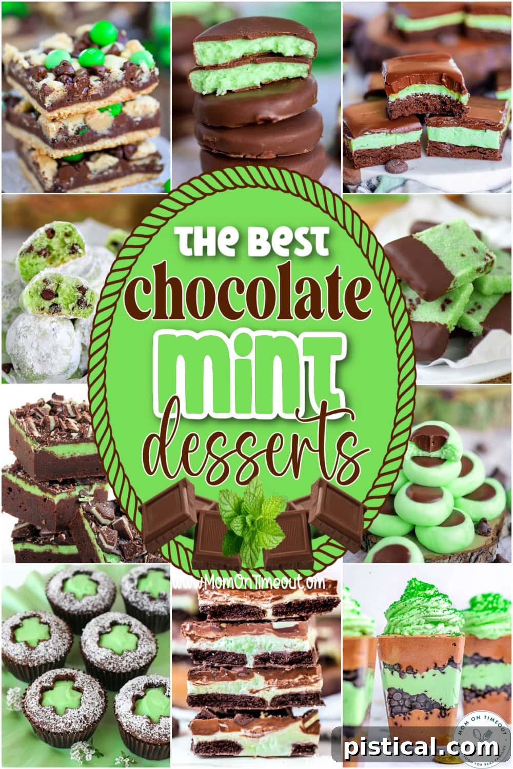 A vibrant collage showcasing twelve diverse chocolate mint desserts, including brownies, cookies, bark, and ice cream treats, with an inviting text overlay.