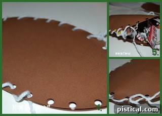 A three-image collage demonstrating how to sew the seams on a paper football: starting the lacing with yarn, stuffing the football with newspaper, and tying off the yarn.