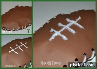 A three-image collage showing how to add laces to a paper football: tying off yarn, applying glue in lines, and placing yarn pieces to form the laces.