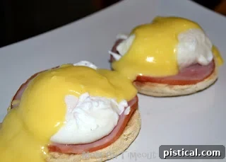 Two servings of Eggs Benedict, beautifully plated with rich Hollandaise sauce and a sprinkle of paprika.