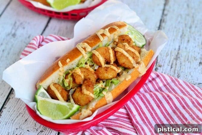 Freshly Assembled Shrimp Po' Boy Sandwich Assembling a delicious Shrimp Po' Boy Sandwich with lettuce, shrimp, and remoulade