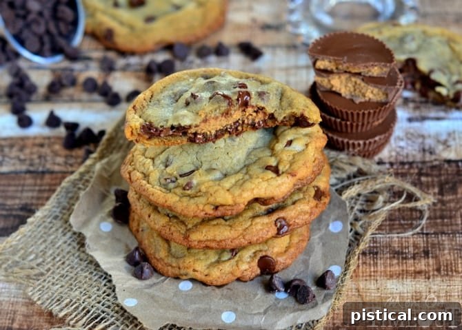 Reese's Stuffed Giant, Chewy Chocolate Chip Cookies | MomOnTimeout.com A close-up shot of a Reese's Stuffed Giant Chewy Chocolate Chip Cookie cooling on a wire rack.