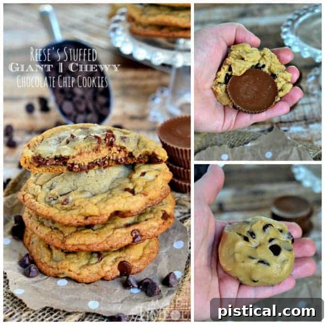 Reese's Stuffed Giant, Chewy Chocolate Chip Cookies | MomOnTimeout.com Multiple Reese's Stuffed Giant Chewy Chocolate Chip Cookies arranged on a baking sheet, showcasing their golden-brown edges.