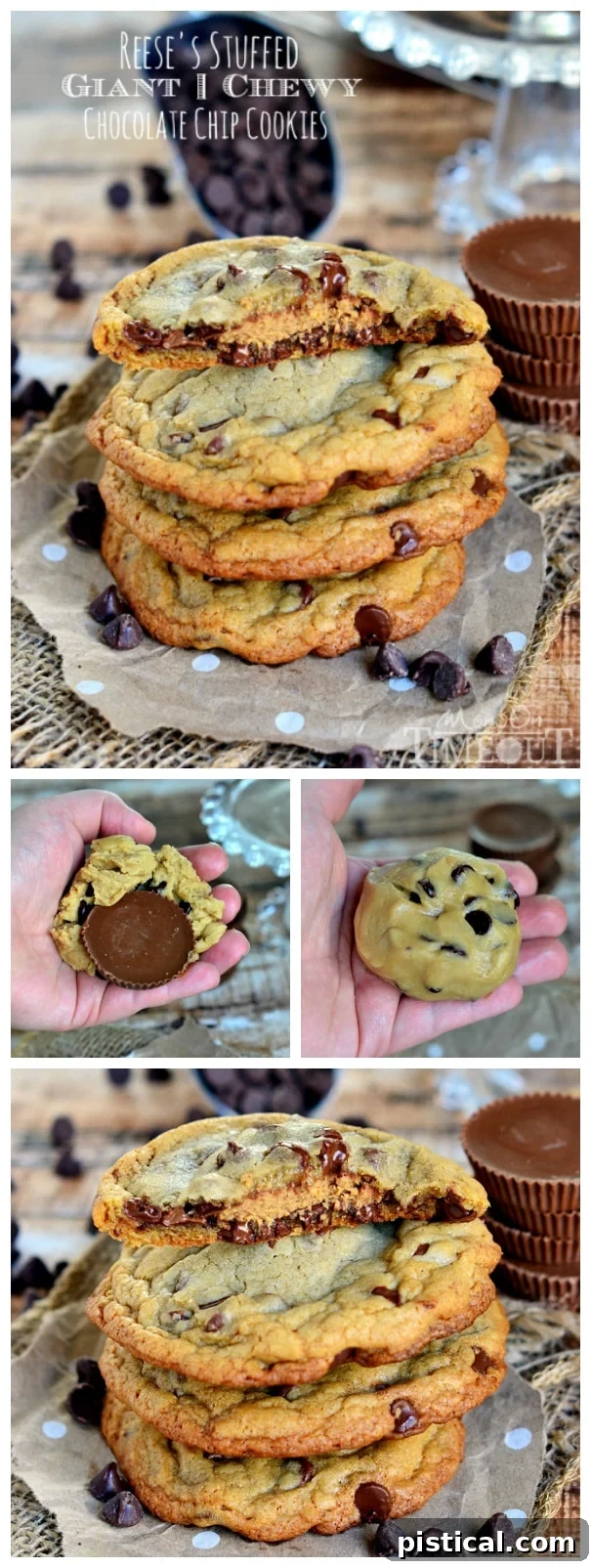 Reese's Stuffed Giant Chewy Chocolate Chip Cookies satisfy the deepest chocolate and peanut butter cravings! Chewy, delicious, and stuffed with a full size peanut butter cup... you can thank me later. // Mom On Timeout #chocolatechipcookies #reeses #baking #dessert #recipe A stack of Reese's Stuffed Giant Chewy Chocolate Chip Cookies with a bite taken out of the top one, showing the peanut butter center.