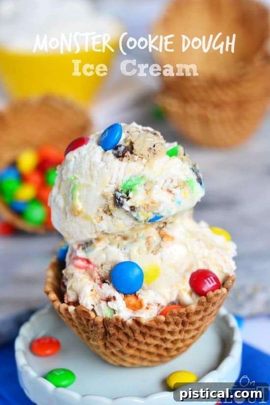 Delicious Monster Cookie Dough Ice Cream in a bowl, made with eggless edible cookie dough. No ice cream machine needed for this homemade treat.