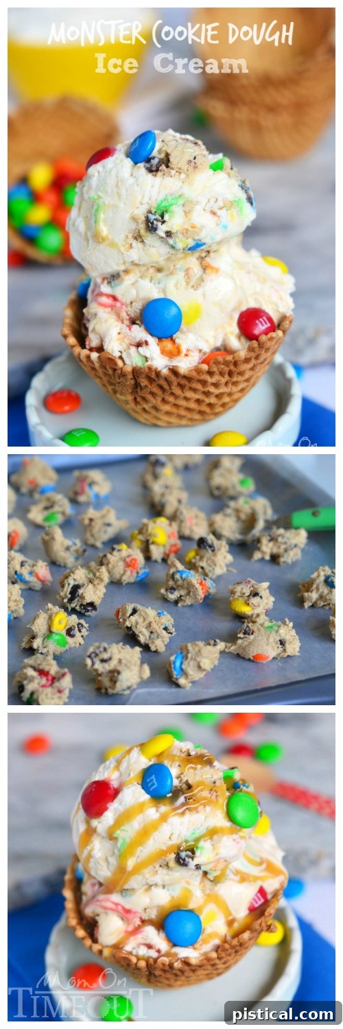 Overhead shot of the finished Monster Cookie Dough Ice Cream in a pan, showcasing its rich texture and colorful mix-ins, ready to be scooped and served.