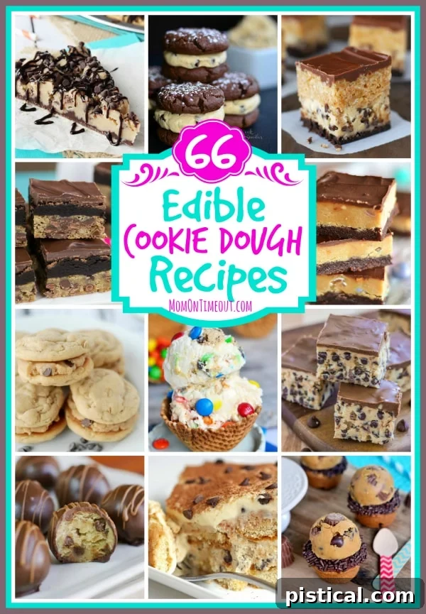A vibrant collage showcasing various edible cookie dough recipes including brownies, bars, cookies, ice cream, and pie. Highlighting a collection of 66+ delicious no-bake treats.