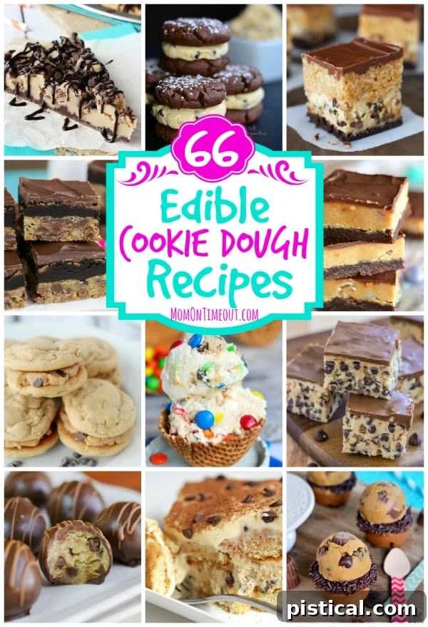 A second vibrant collage of 66+ edible cookie dough recipes, showcasing a wide variety of no-bake desserts and treats from MomOnTimeout.com.