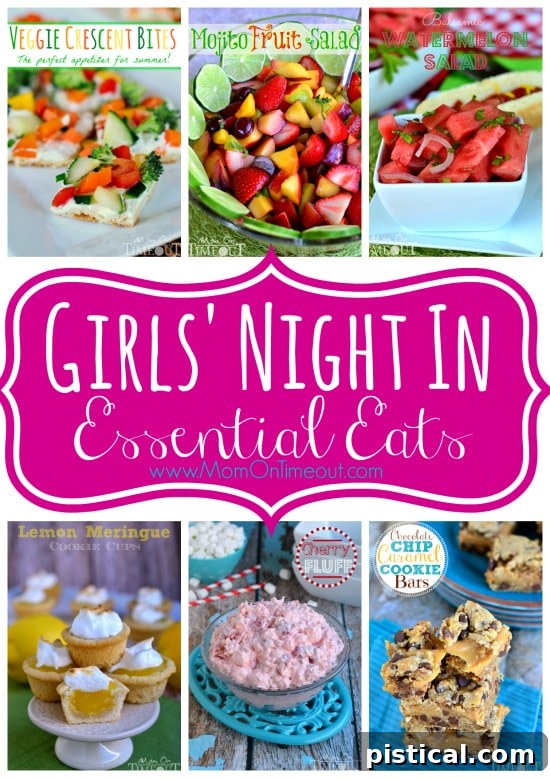 A collage of various healthy and indulgent dishes perfect for a girls' night in, including fruit salads, cookie cups, and savory bites.