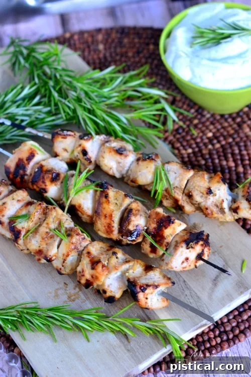 Closeup of Rosemary Buttermilk Ranch Chicken Skewers ready for grilling
