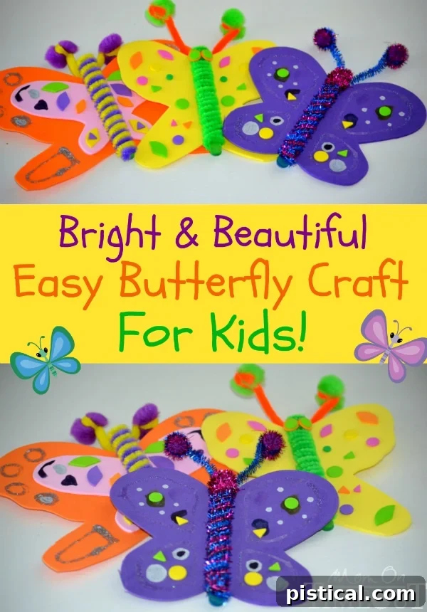 Easy butterfly craft for kids collage with three vibrant butterflies made with foam, popsicle sticks, and pipe cleaners