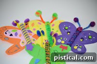 Collage of three completed easy butterfly crafts made with foam, popsicle sticks, and various decorations