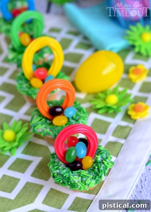 Easter Basket Cookie Cups | MomOnTimeout.com Close-up of vibrant Easter Basket Cookie Cups filled with jelly beans.