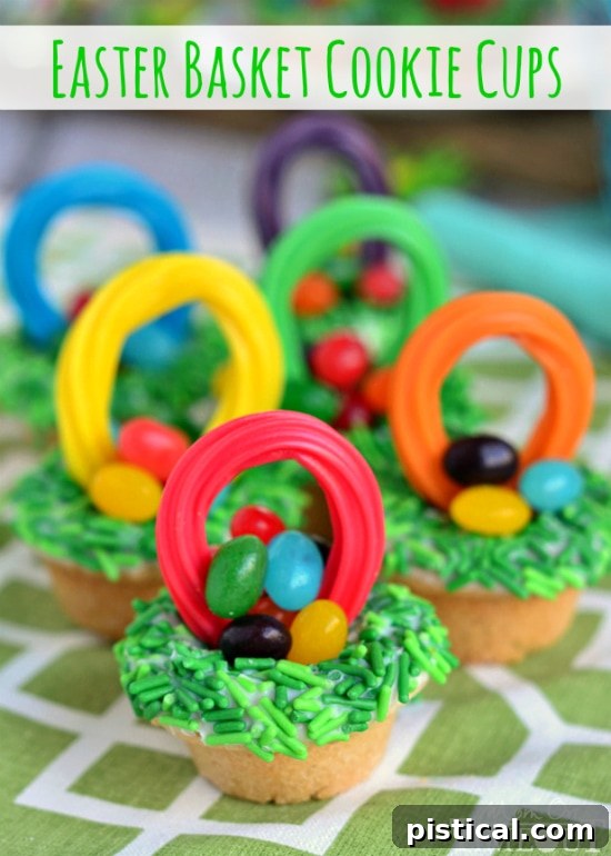 Easter Basket Cookie Cups | MomOnTimeout.com Easter Basket Cookie Cups with pink and purple sprinkles, adored by kids.