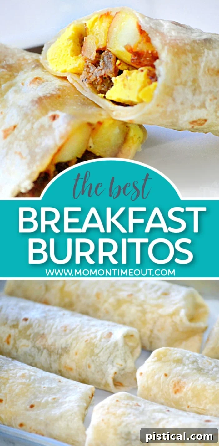 Ready When You Are Breakfast Burritos 2 two image breakfast burritos title image with burrito cut in half and 6 burritos on a baking sheet