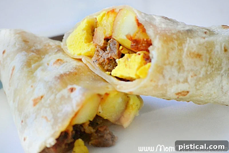 Ready When You Are Breakfast Burritos 12 breakfast burrito cut in half on white plate