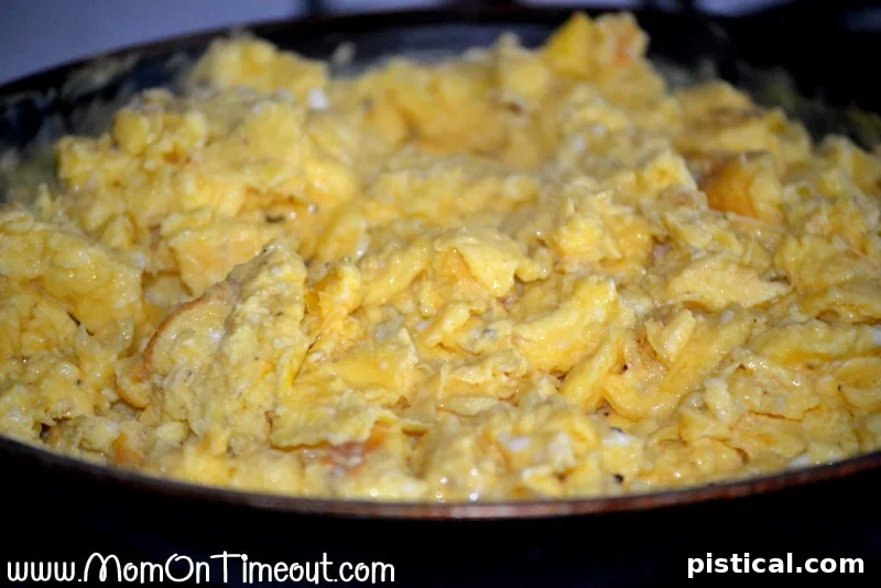 Ready When You Are Breakfast Burritos 5 scrambled eggs in a skillet