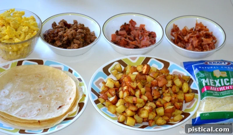 Ready When You Are Breakfast Burritos 7 Breakfast Burrito ingredients on a counter ready to assemble
