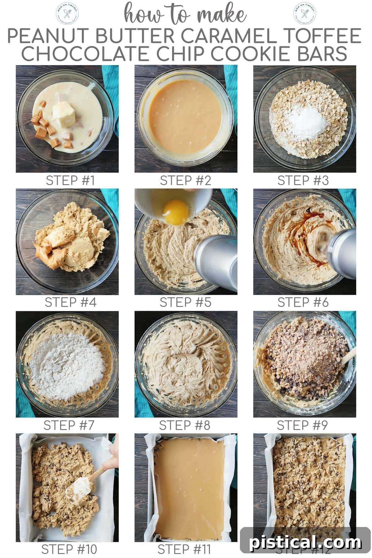A twelve-image collage illustrating the step-by-step process of making peanut butter caramel toffee chocolate chip cookie bars.