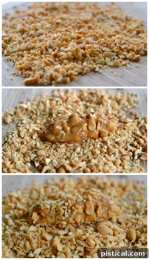 Close-up of freshly made, no-bake peanut butter candy bars, showcasing their firm and chewy texture with chopped peanuts on top.