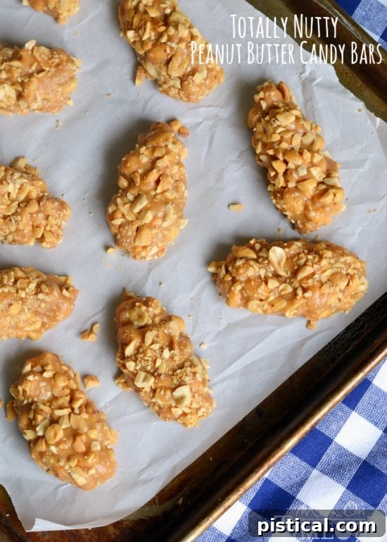 Close-up of a perfectly coated no-bake peanut butter candy bar, showcasing the texture of the peanuts.