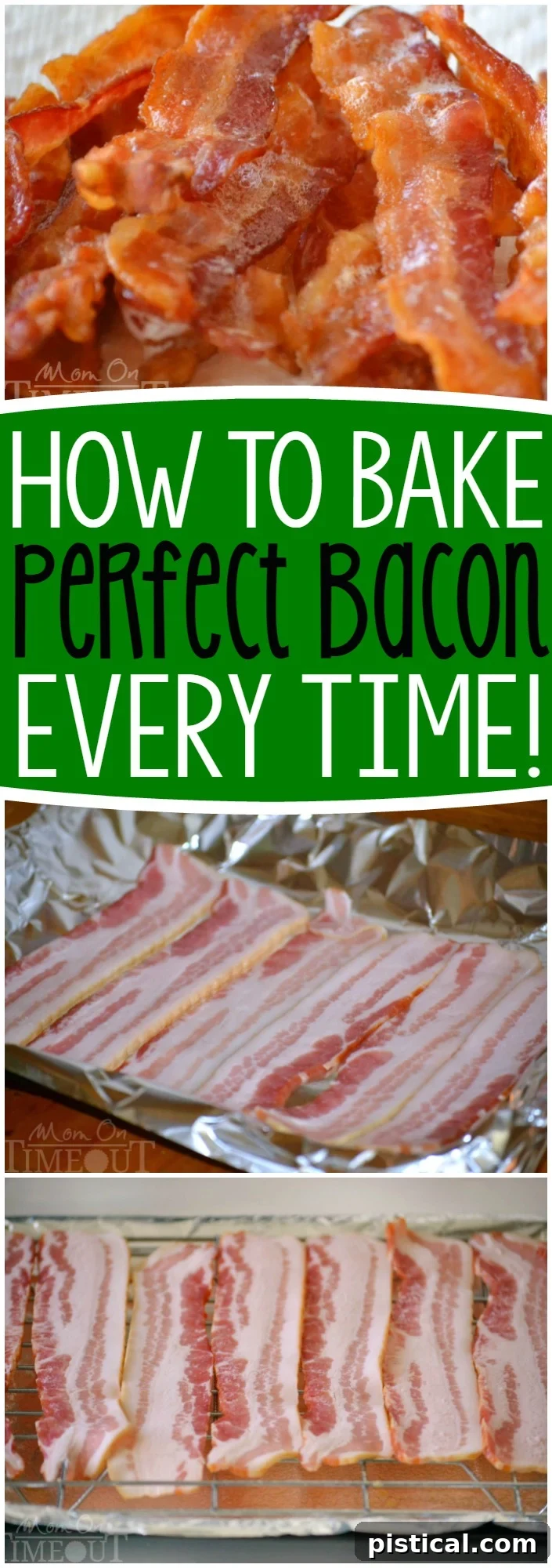 A collage of various stages of baking bacon, from raw on the sheet to golden and crispy, illustrating the process.
