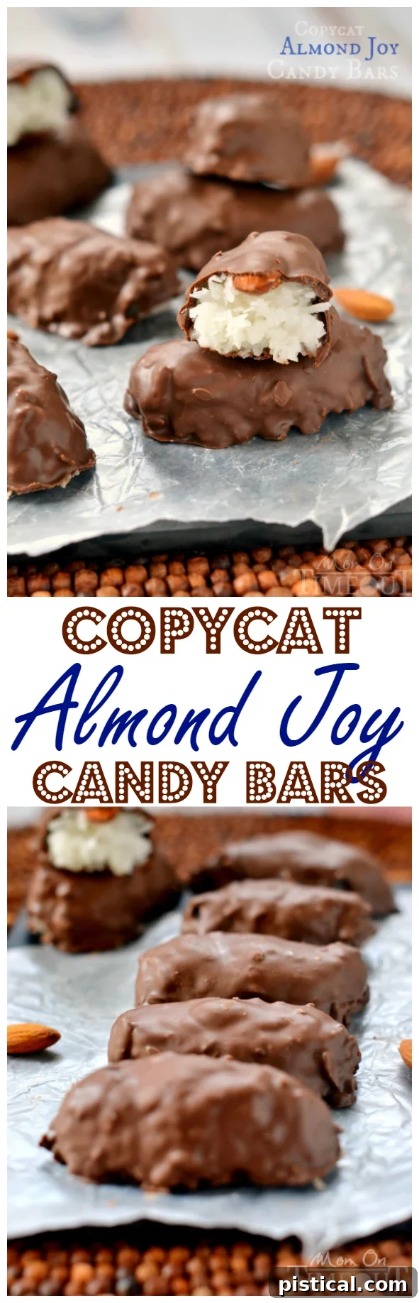 Easily make your own Almond Joy Candy Bars at home! Delicious and simple copycat recipe from MomOnTimeout.com. #copycat #candy #recipe #chocolate #almondjoy #homemade